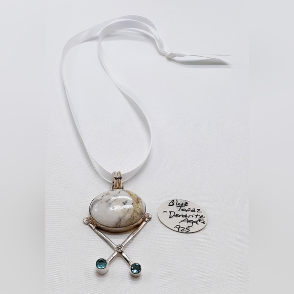 925 Sterling Silver Blue Topaz and Dendrite Agate Pendant Necklace - Picture 2 of 8
